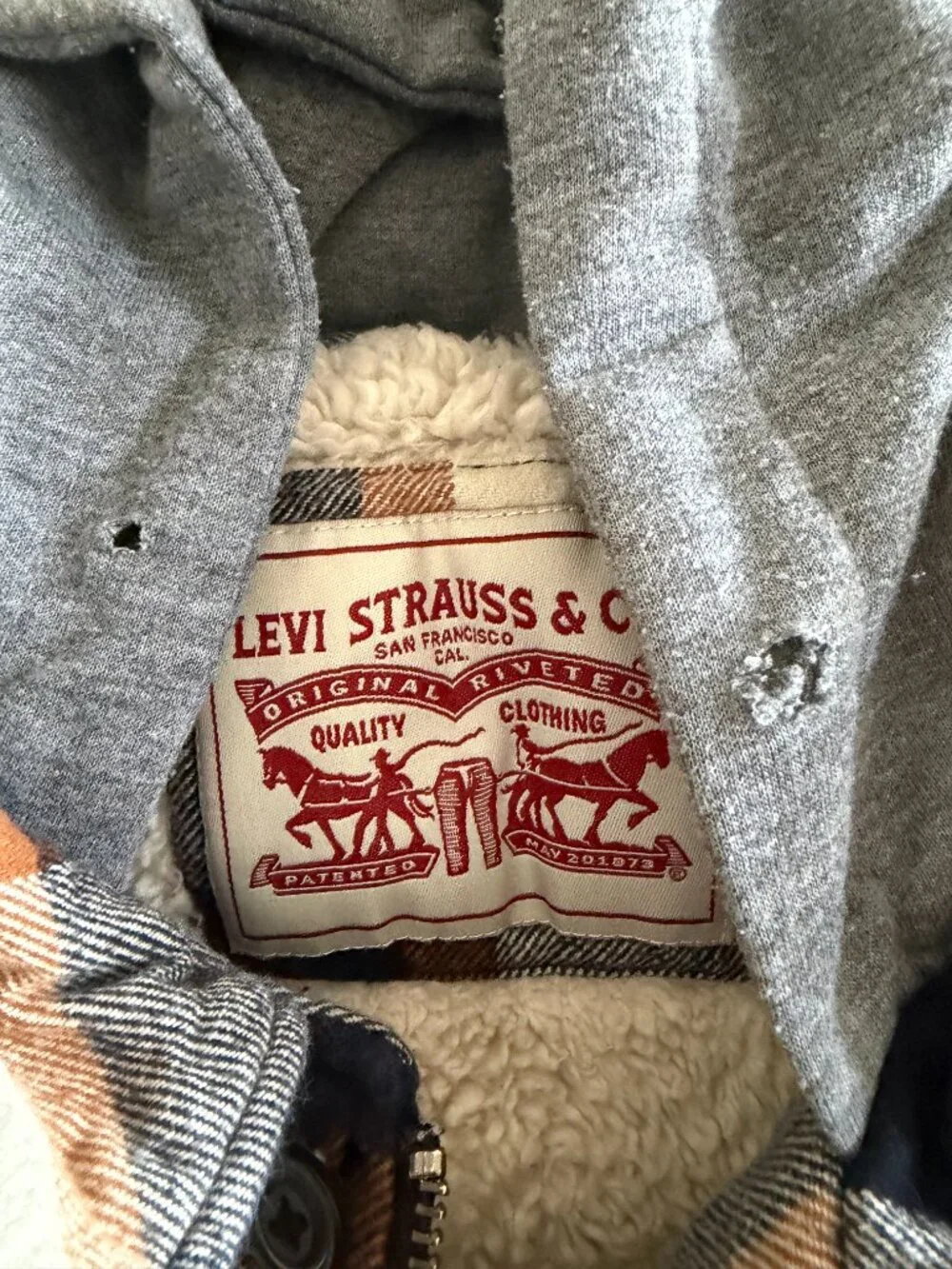 LEVI'S Plaid Cotton Sherpa Lined Hoodie Jacket Mens Small